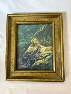 Vintage Religious Prayer Print in Gold Frame - Green & Purple OSP